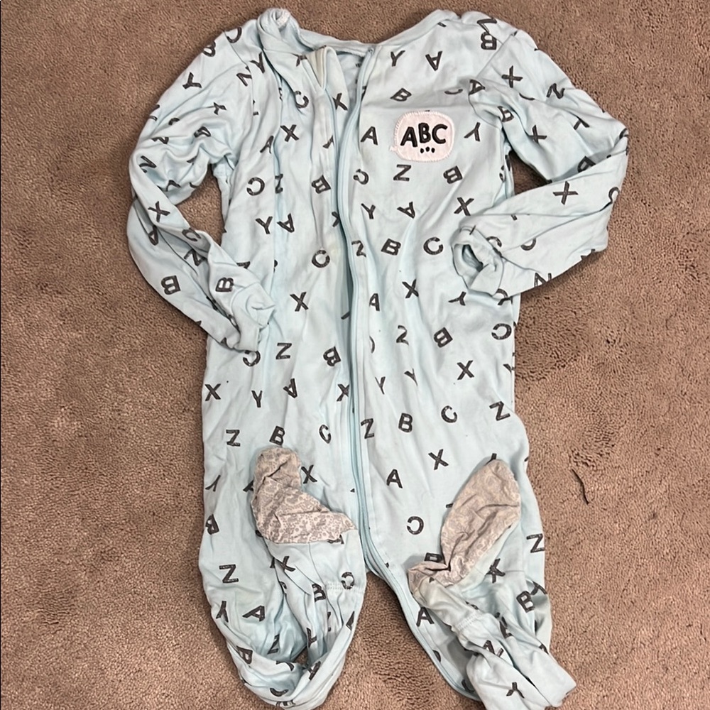 Blue and Gray Footies with Alphabet Print and Zipper